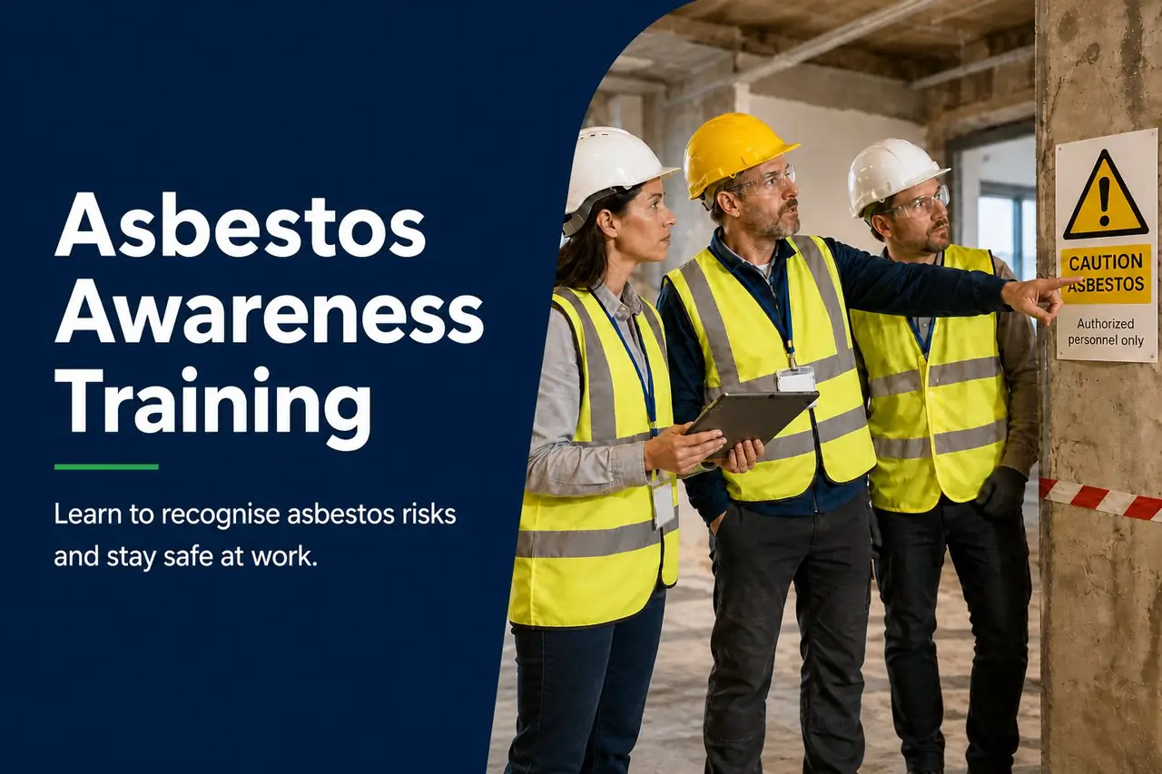 Worker in protective equipment carrying out asbestos awareness training on site