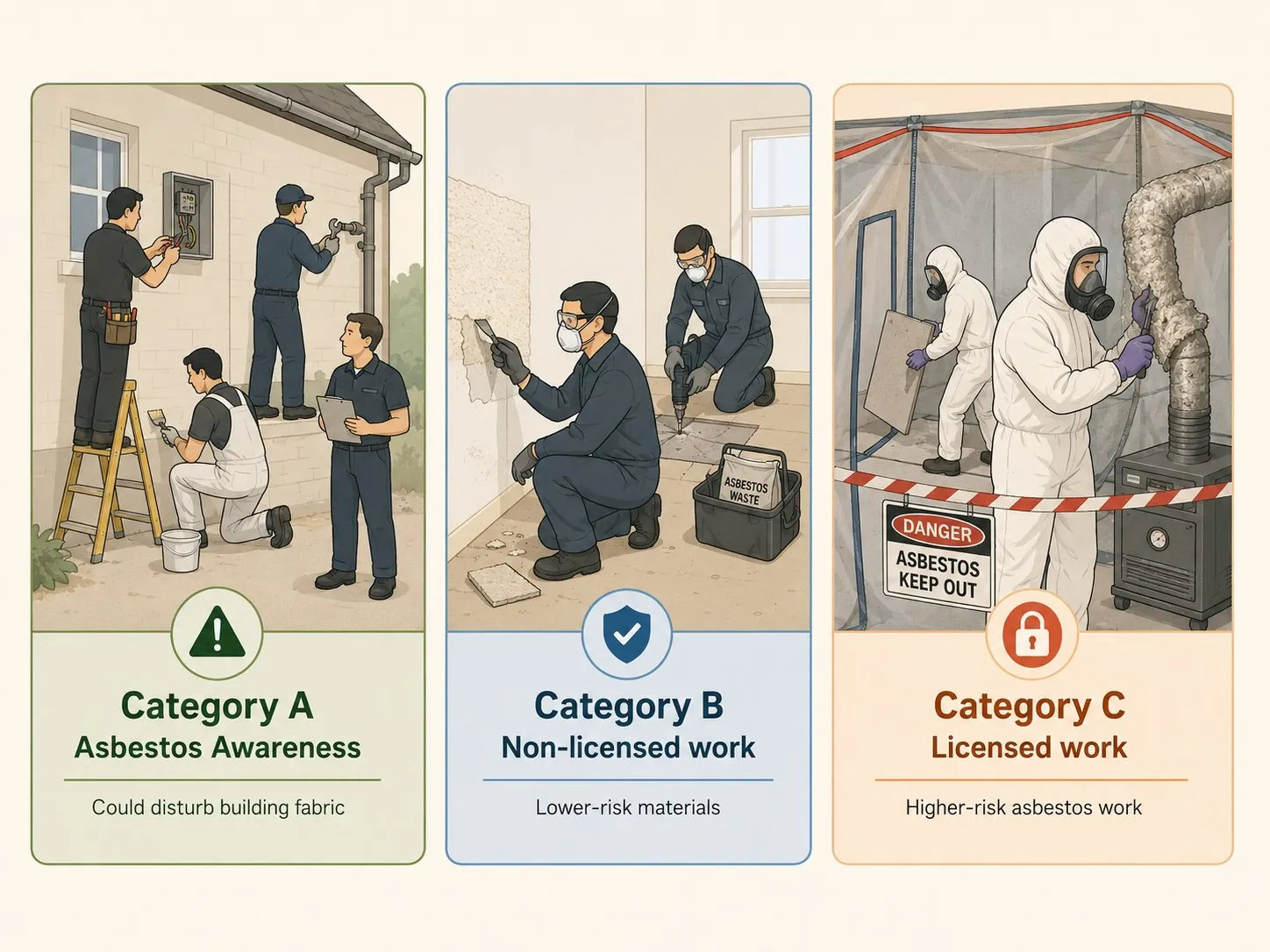 Diagram of the three asbestos work categories A, B and C