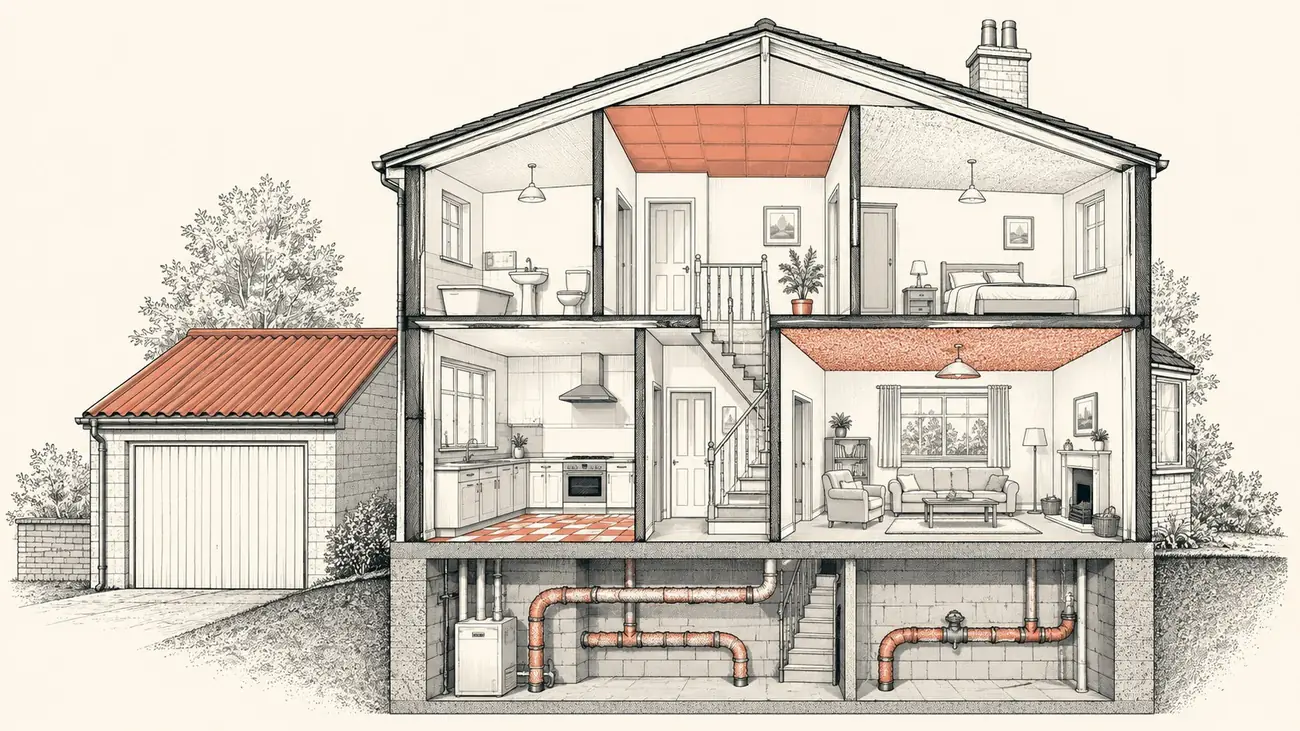 Cut-away illustration of a UK house showing where asbestos-containing materials are commonly found